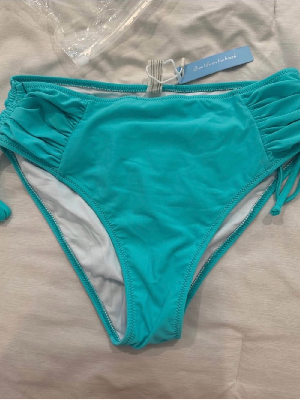 Cupshe Turquoise Women's Ruched Side Bikini Bottom - Live Life on the Beach